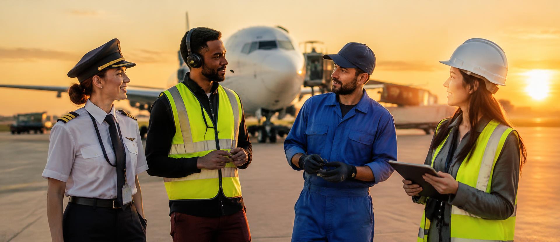 Pilote, agent de piste, mécanicien et ingénieure sur un tarmac