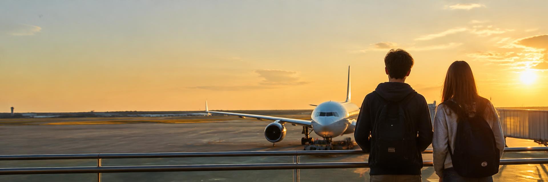 Deux adolescents regardent un avion de ligne au coucher du soleil